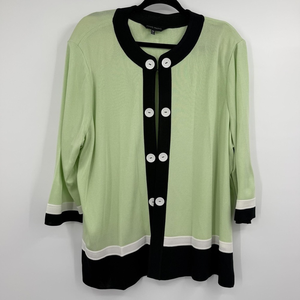 MING WANG Cardigan Sweater Womens 2X Green 3/4 Sleeve Lightweight Button